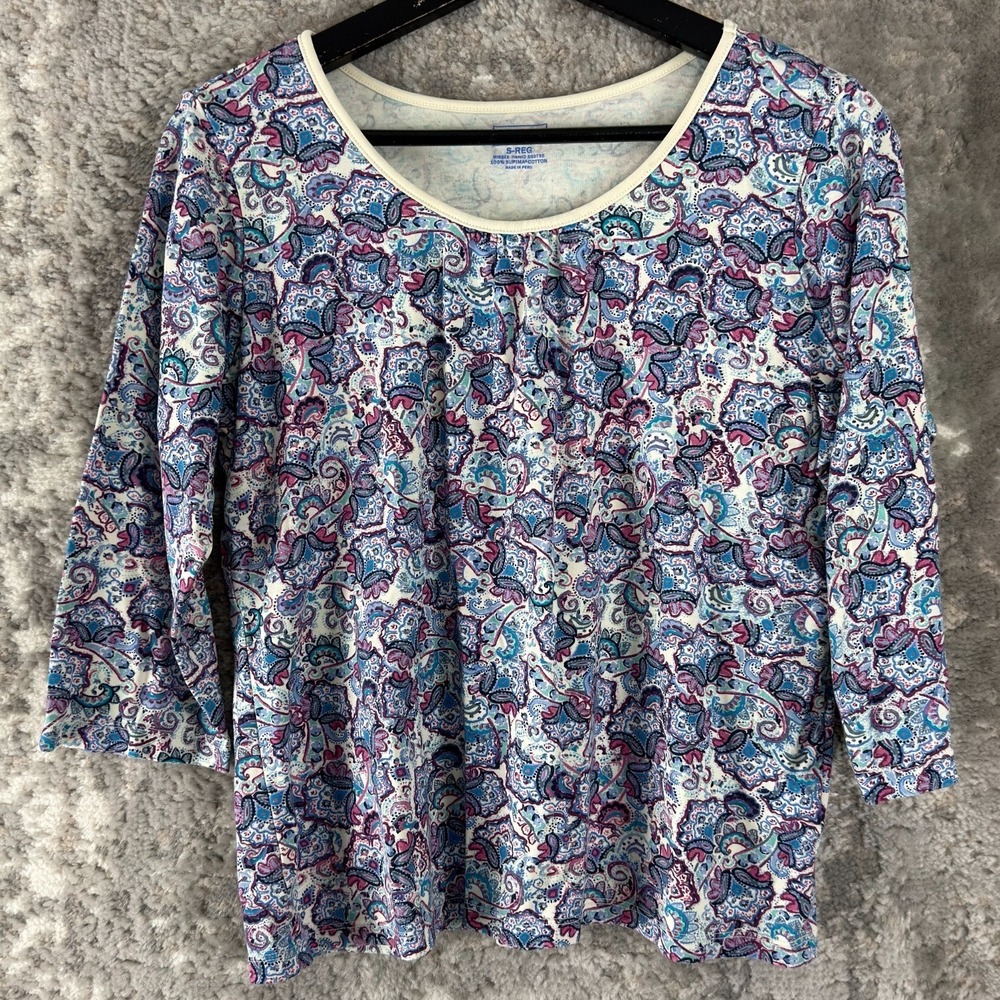 LL Bean Size S Colorful Paisley Supima Cotton Top 3/4 Sleeve Pullover Casual‎